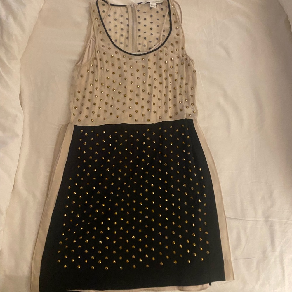 Diane Von Furstenberg Elegant Black and Beige Gold Studded Dress